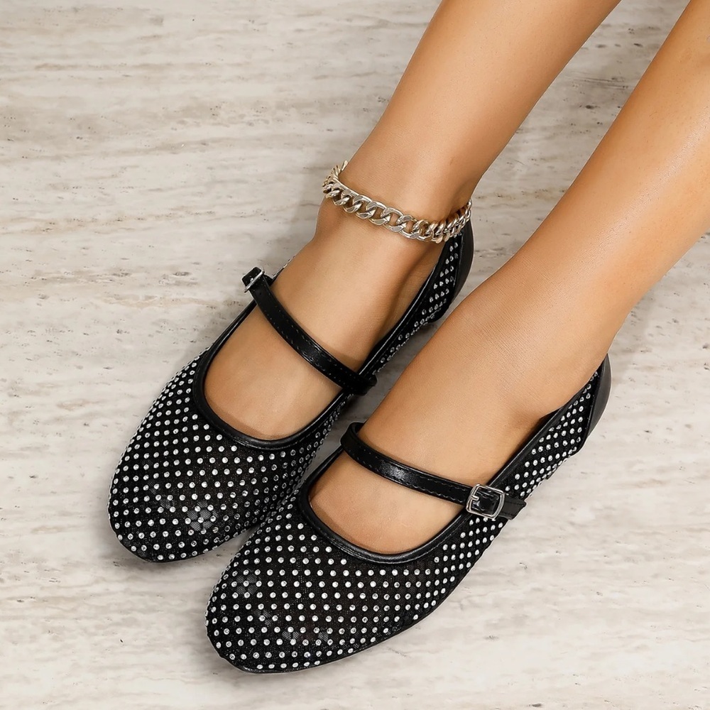 NWOT BERNESS FRIDA BLACK & Rhinestones Mesh Mary Jane Flats Sz. 8 - Picture 7 of 14